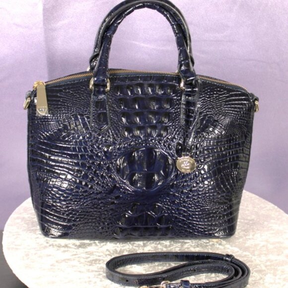 Brahmin Croc Embossed Leather Satchel Navy Melbourne Dome Bag w/ Strap & Dust Ba - Picture 2 of 16